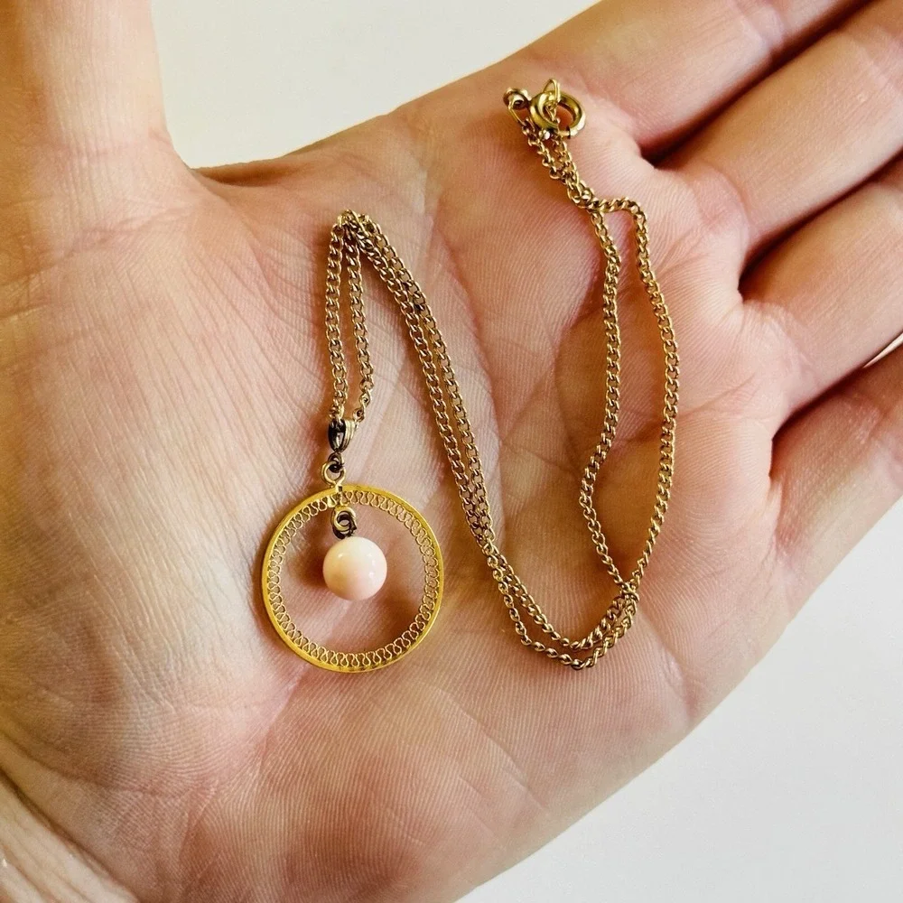 VTG Coral Necklace Pink Angel Skin Genuine Natural Gemstone 14k Gold‎ GP Italy